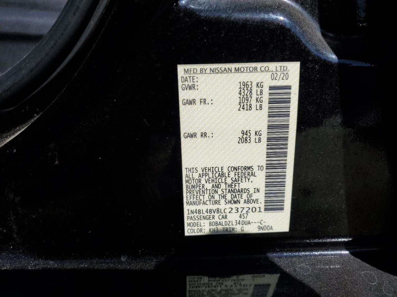 2020 Nissan Altima VIN 1N4BL4BV8LC237201 Copart auction photo, side damage thumbnail 13