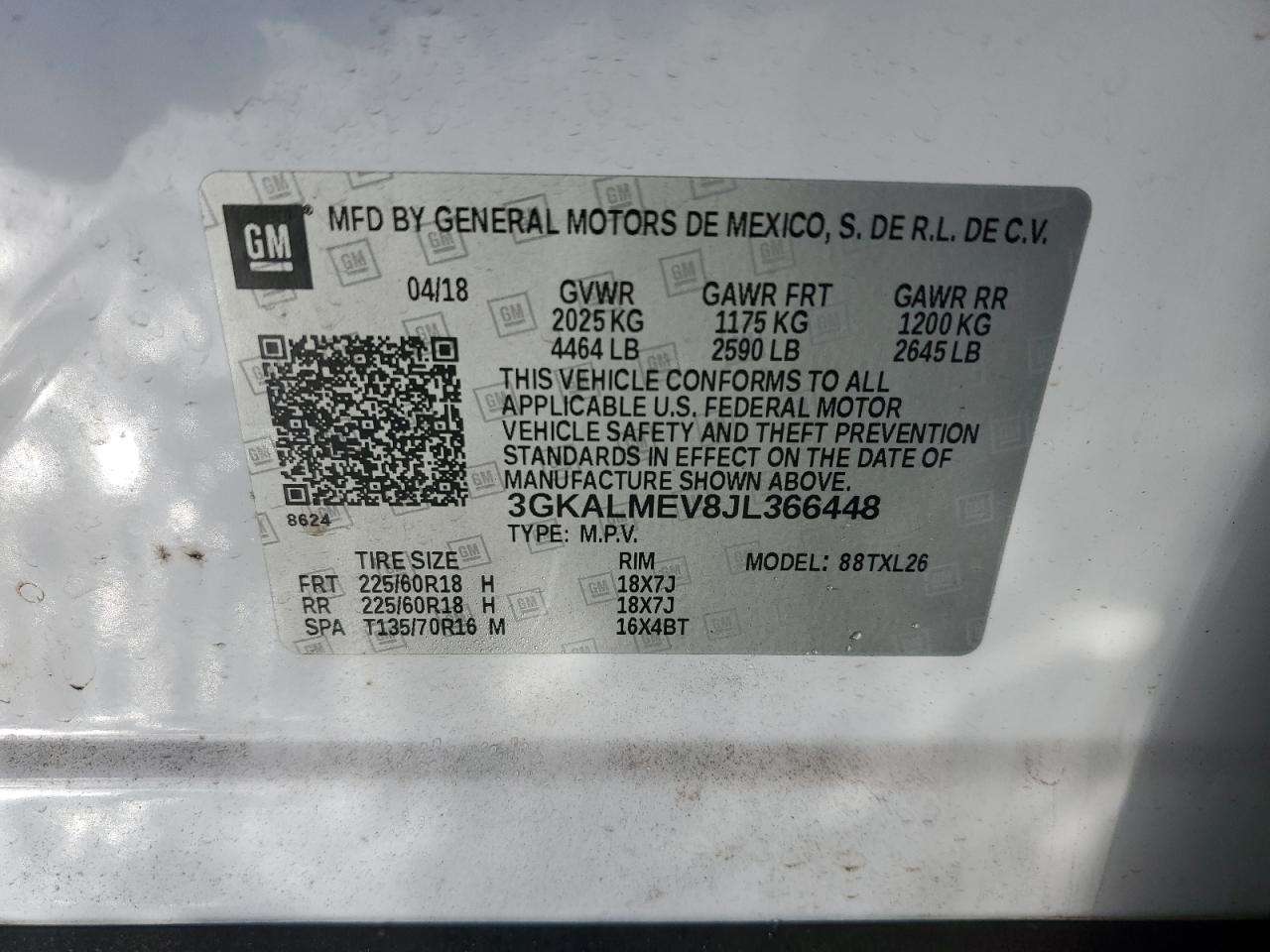 2018 GMC Terrain VIN 3GKALMEV8JL366448 Copart auction photo, front end damage thumbnail 12