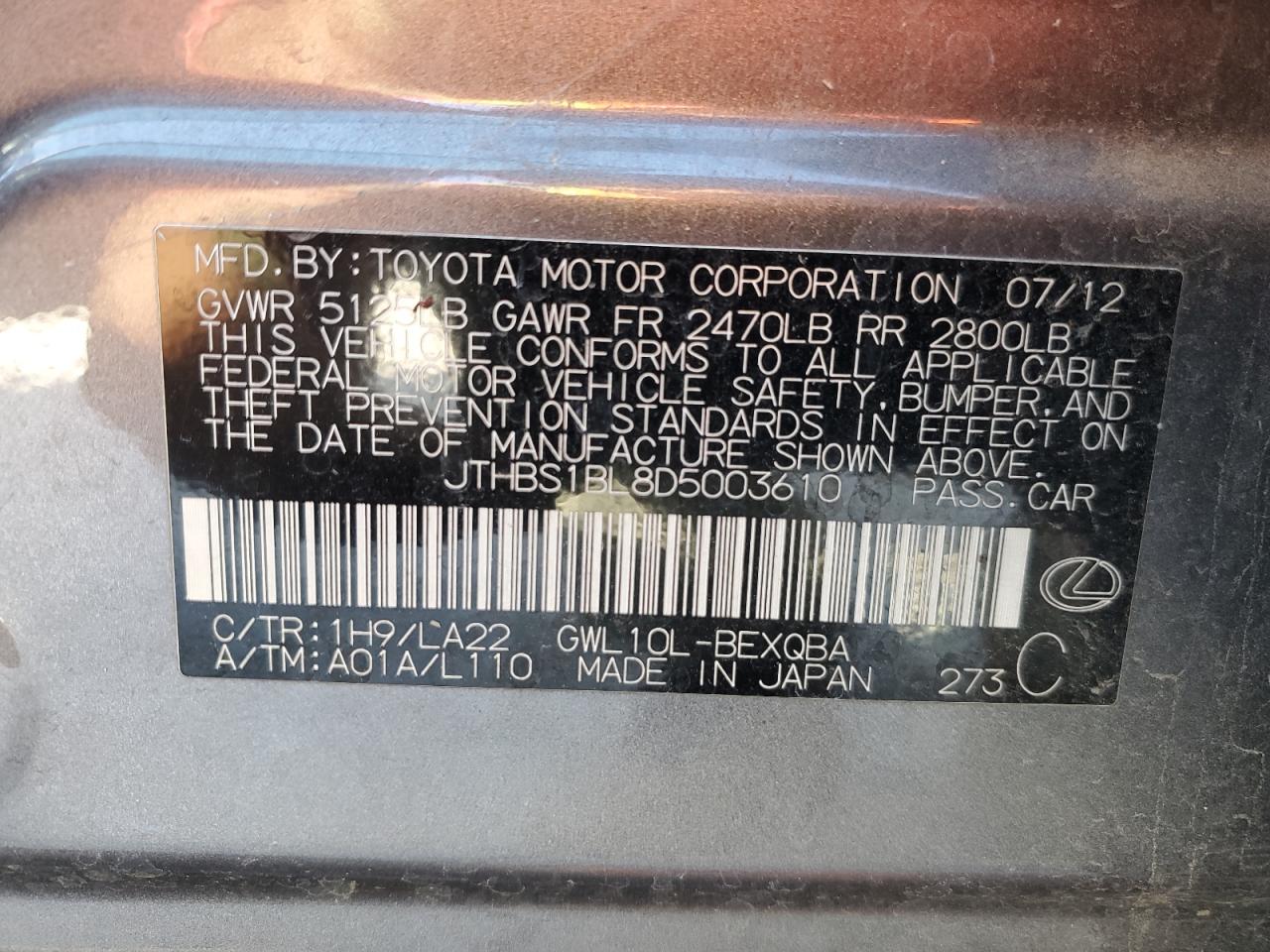 2013 Lexus GS VIN JTHBS1BL8D5003610 Copart auction photo, front end / minor dent/scratches damage thumbnail 12