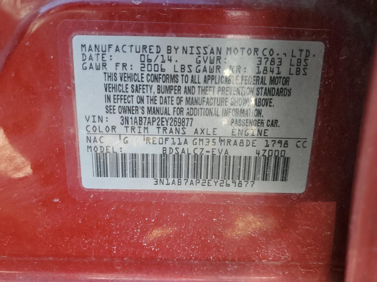 2014 Nissan Sentra VIN 3N1AB7AP2EY269877 Copart auction photo, rear end damage thumbnail 12