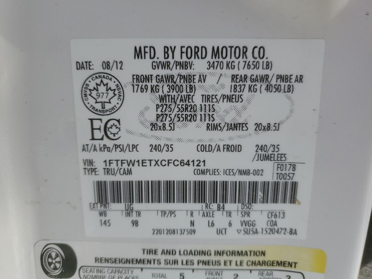 2012 Ford F-150 VIN 1FTFW1ETXCFC64121 Copart auction photo, front end damage thumbnail 14