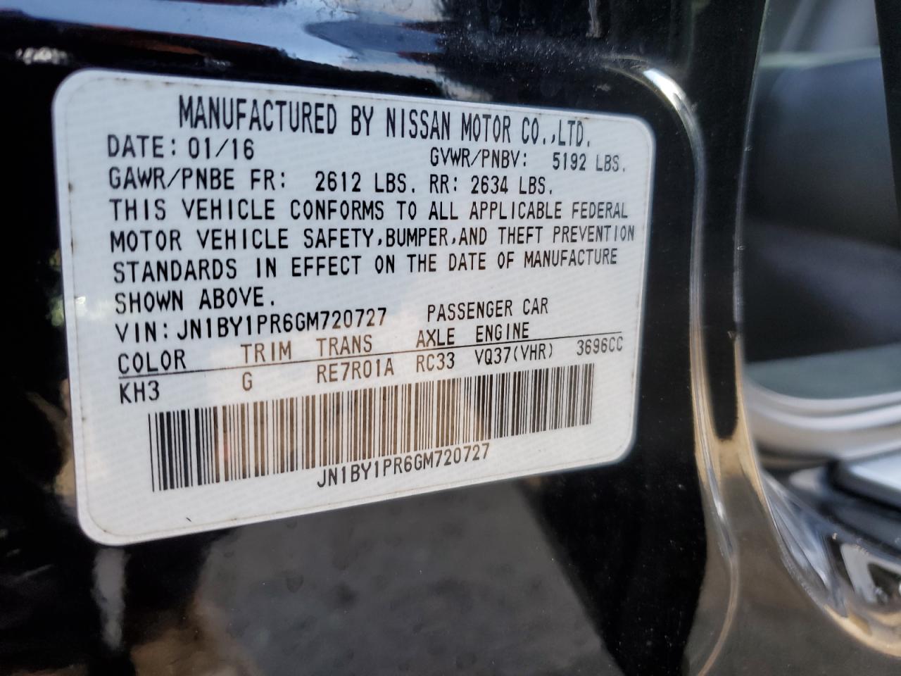 2016 Infiniti Q70 VIN JN1BY1PR6GM720727 Copart auction photo, rear end damage thumbnail 12