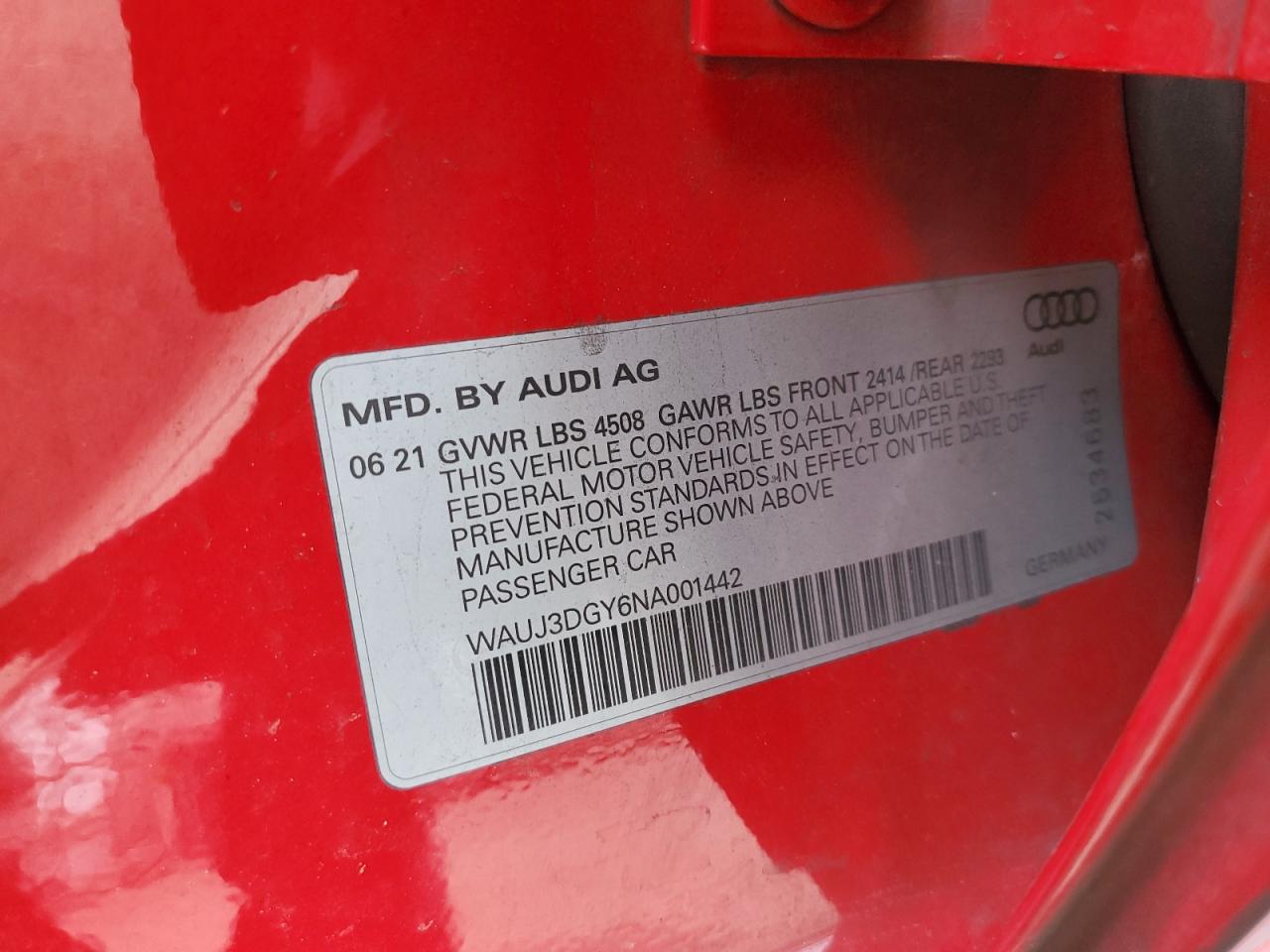 2022 Audi S3 VIN WAUJ3DGY6NA001442 Copart auction photo, water/flood / rear end damage thumbnail 12