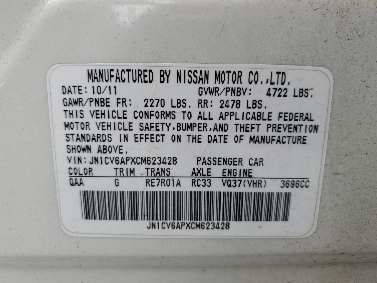 2012 Infiniti G VIN JN1CV6APXCM623428 Copart auction photo, vandalism / minor dent/scratches damage thumbnail 12