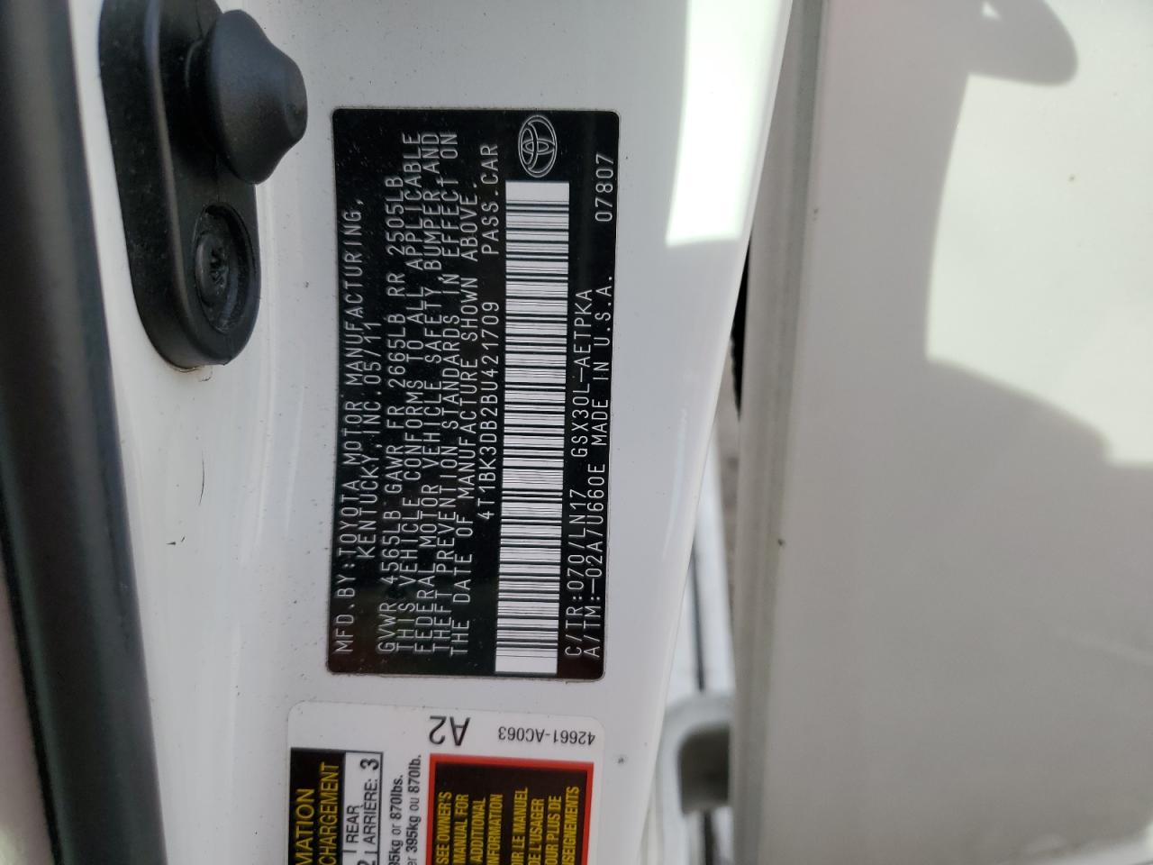 2011 Toyota Avalon VIN 4T1BK3DB2BU421709 Copart auction photo, rear end damage thumbnail 12
