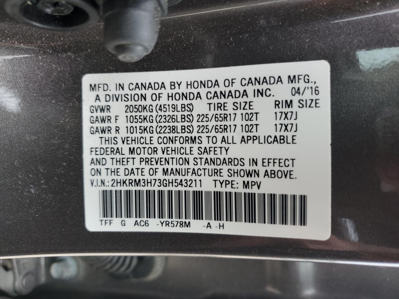 2016 Honda CR-V VIN 2HKRM3H73GH543211 Copart auction photo, all over / undercarriage damage thumbnail 14