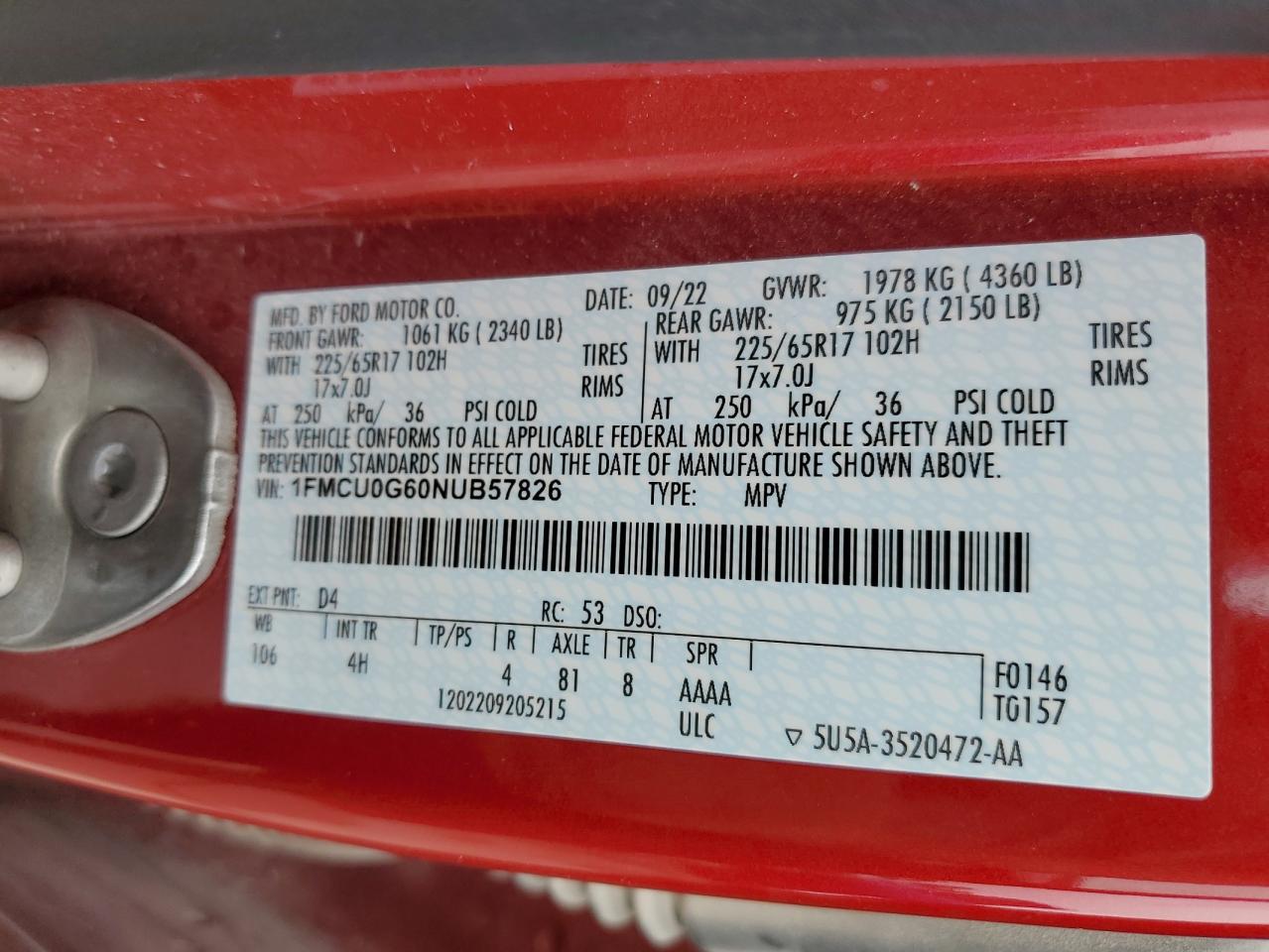 2022 Ford Escape VIN 1FMCU0G60NUB57826 Copart auction photo, front end damage thumbnail 14