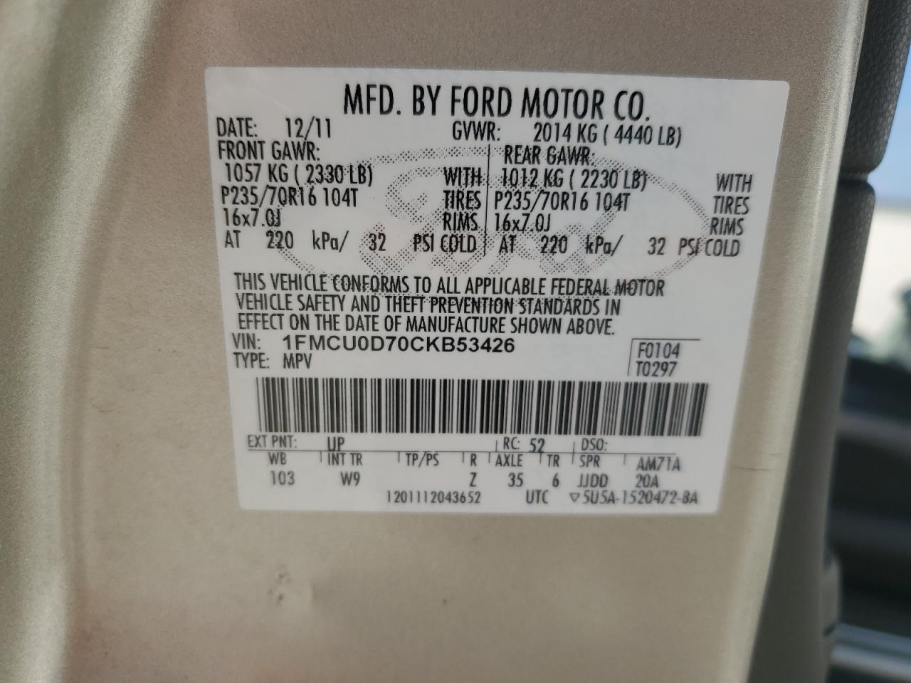 2012 Ford Escape VIN 1FMCU0D70CKB53426 Copart auction photo, front end / side damage thumbnail 15