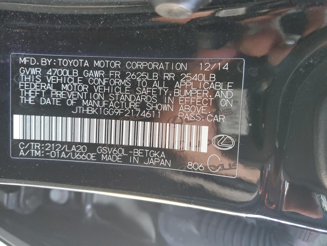 2015 Lexus ES VIN JTHBK1GG9F2174611 Copart auction photo, all over damage thumbnail 14