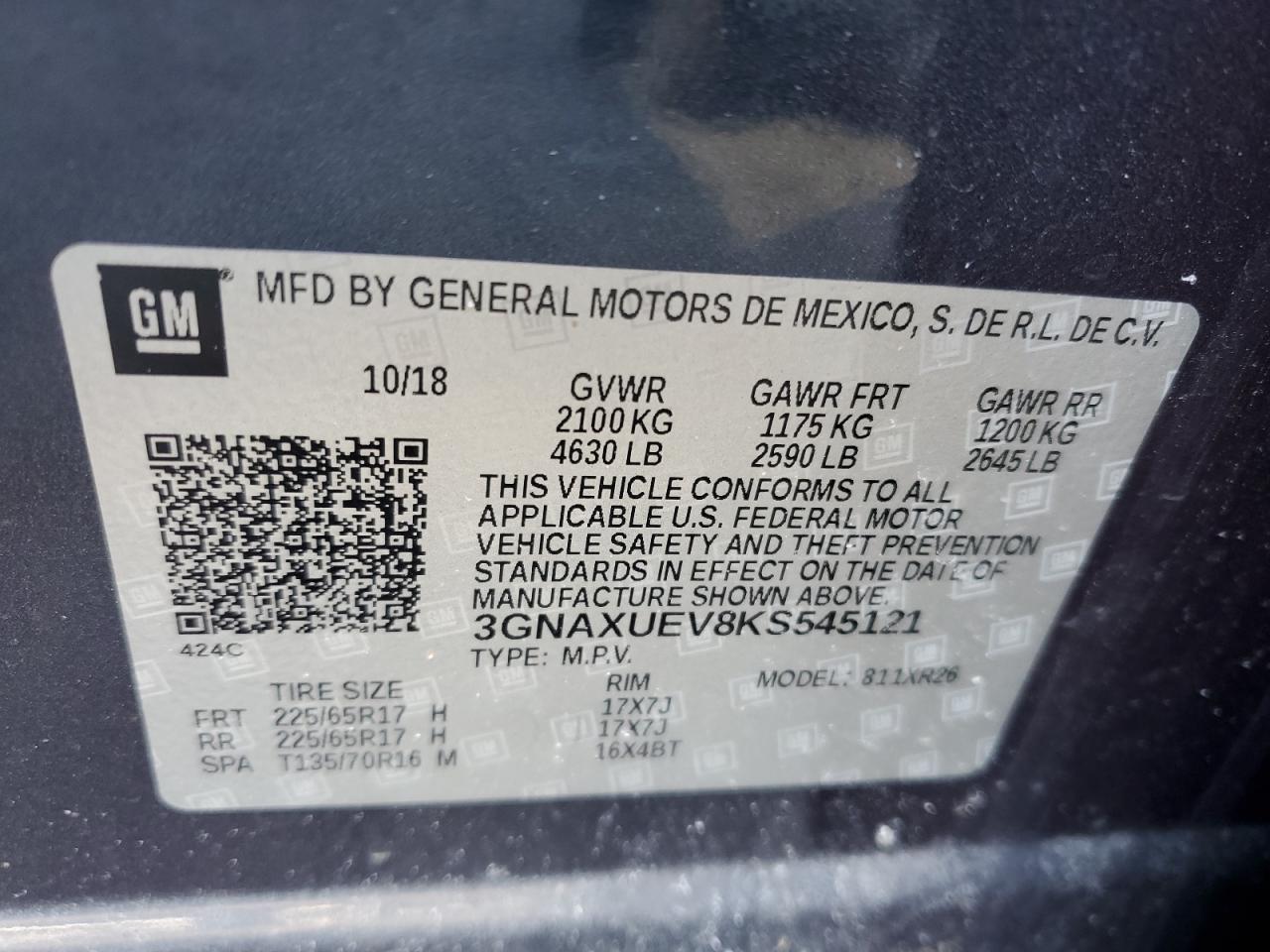 2019 Chevrolet Equinox VIN 3GNAXUEV8KS545121 Copart auction photo, front end damage thumbnail 14