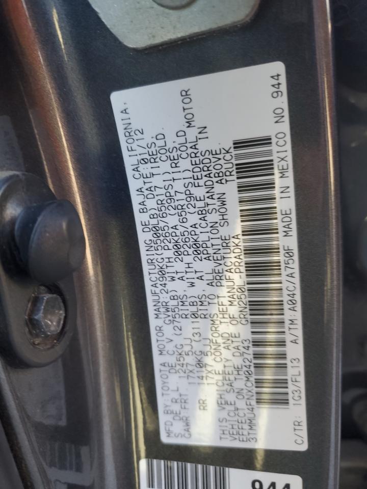 2012 Toyota Tacoma VIN 3TMMU4FNXCM042743 Copart auction photo, front end / minor dent/scratches damage thumbnail 12