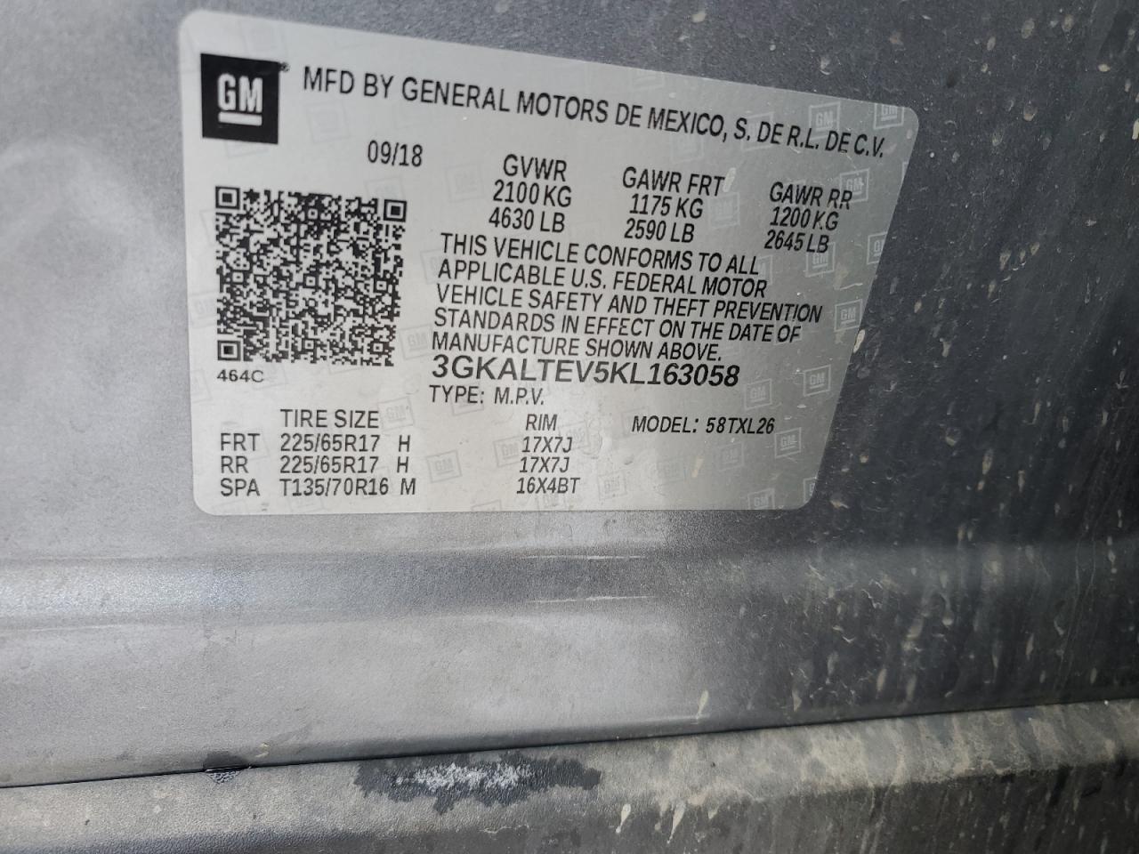 2019 GMC Terrain VIN 3GKALTEV5KL163058 Copart auction photo, rear end damage thumbnail 13
