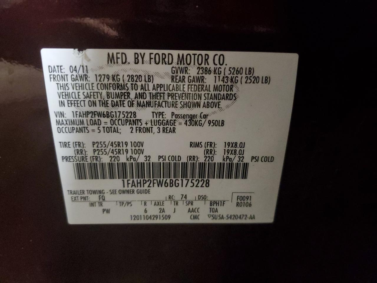2011 Ford Taurus VIN 1FAHP2FW6BG175228 Copart auction photo, front end / minor dent/scratches damage thumbnail 12