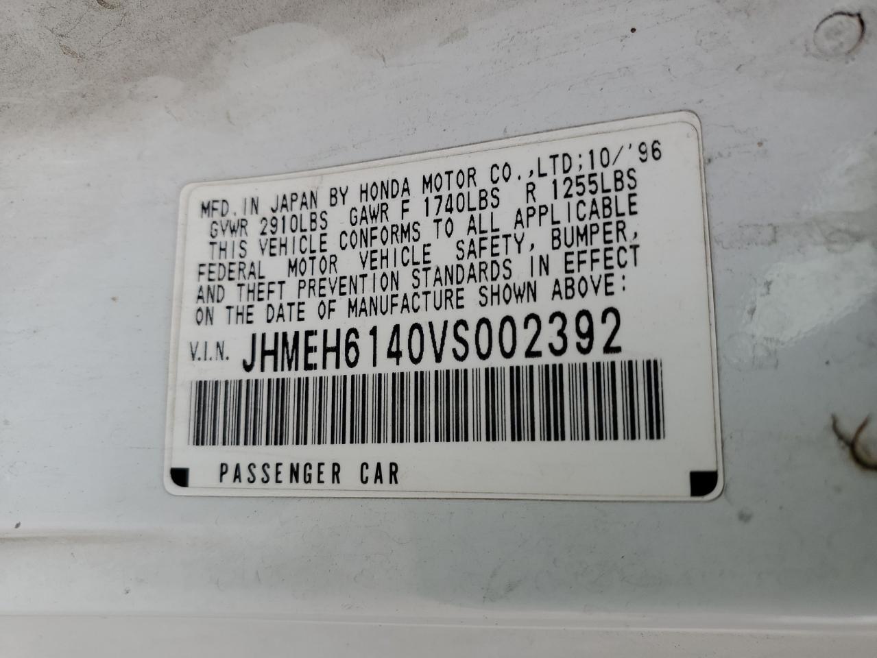 1997 Honda Civic VIN JHMEH6140VS002392 Copart auction photo, normal wear damage thumbnail 12
