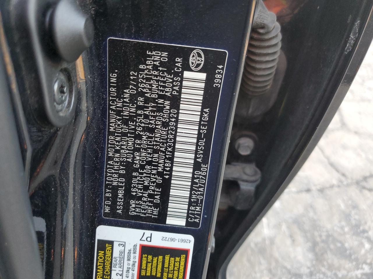 2012 Toyota Camry VIN 4T4BF1FK3CR239420 Copart auction photo, front end / side damage thumbnail 12