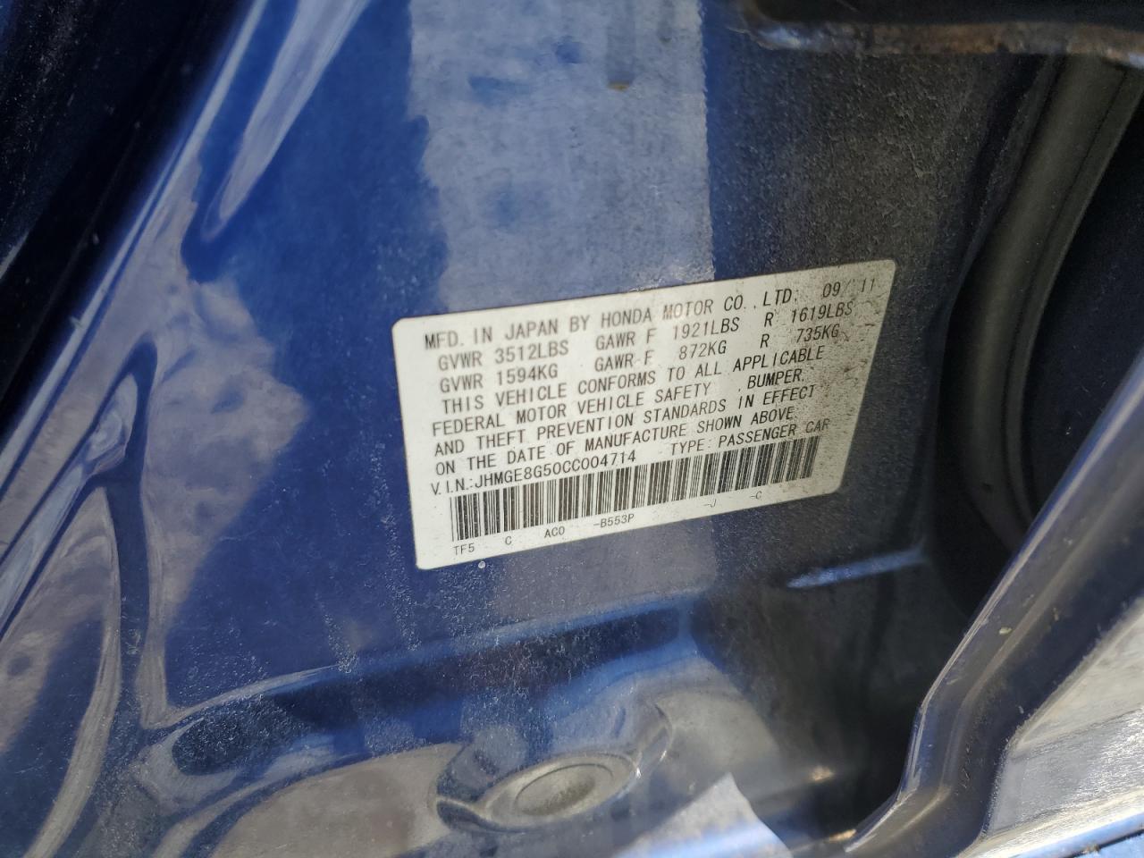 2012 Honda Fit VIN JHMGE8G50CC004714 Copart auction photo, rear end damage thumbnail 14