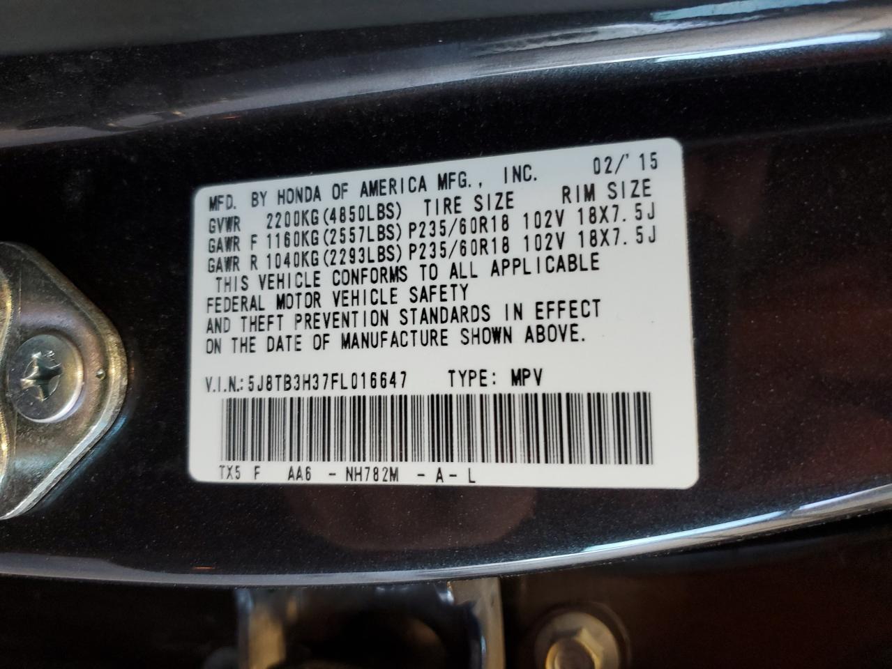 2015 Acura RDX VIN 5J8TB3H37FL016647 Copart auction photo, rear end damage thumbnail 15