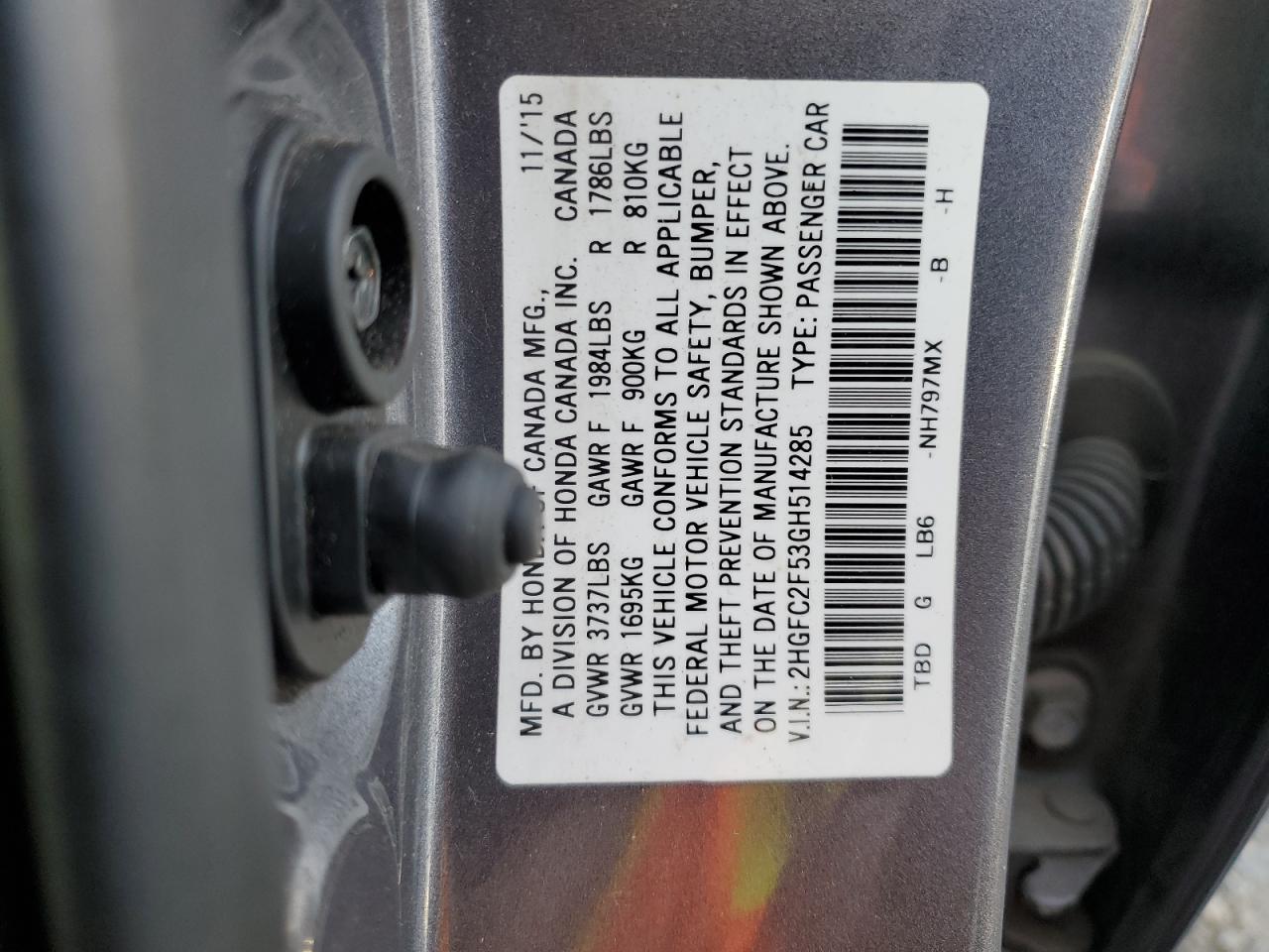 2016 Honda Civic VIN 2HGFC2F53GH514285 Copart auction photo, rear end damage thumbnail 12