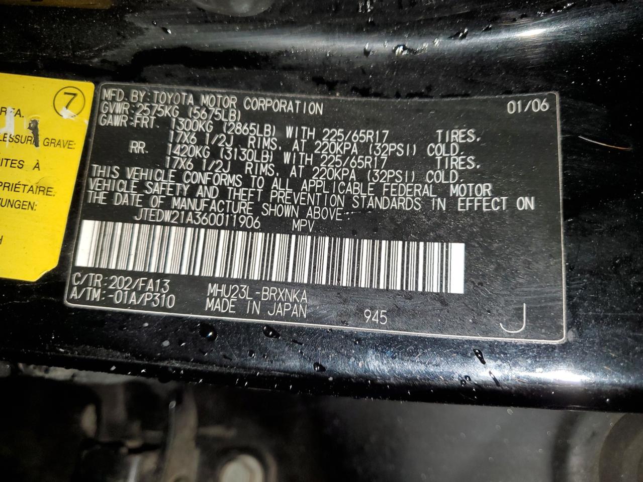 2006 Toyota Highlander VIN JTEDW21A360011906 Copart auction photo, front end / side damage thumbnail 14