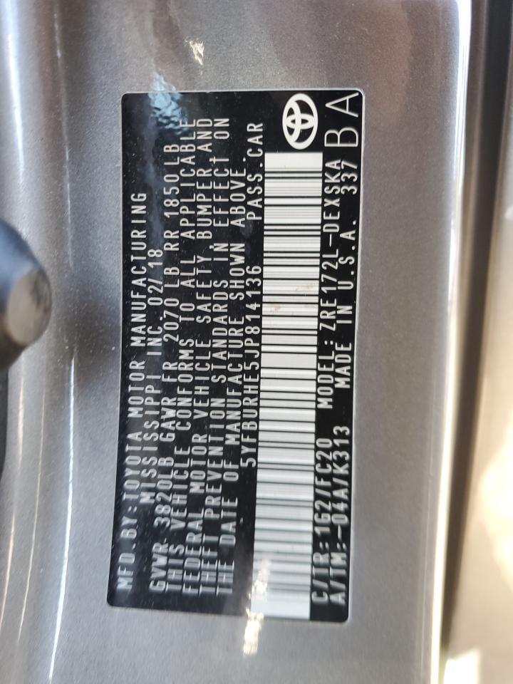 2018 Toyota Corolla VIN 5YFBURHE5JP814136 Copart auction photo, front end / rear end damage thumbnail 13