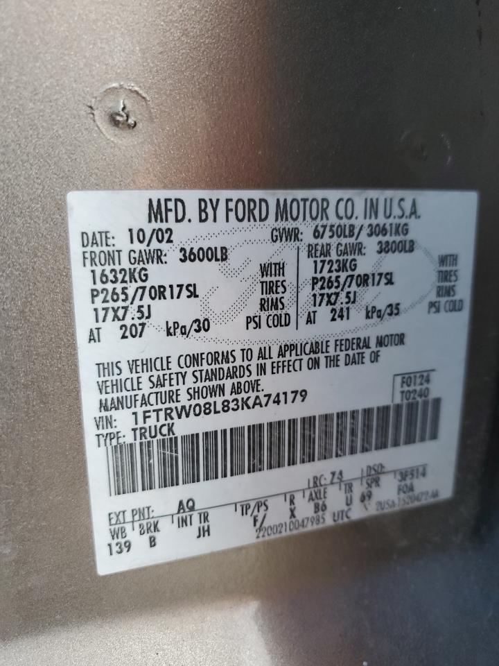 2003 Ford F-150 VIN 1FTRW08L83KA74179 Copart auction photo, undercarriage / rear end damage thumbnail 12