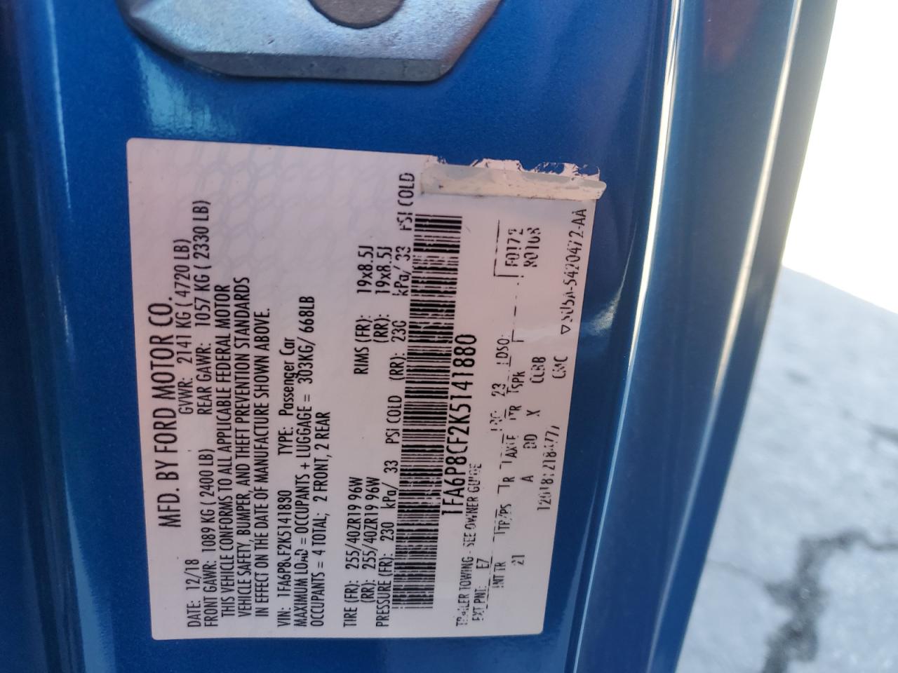 2019 Ford Mustang VIN 1FA6P8CF2K5141880 Copart auction photo, front end damage thumbnail 12