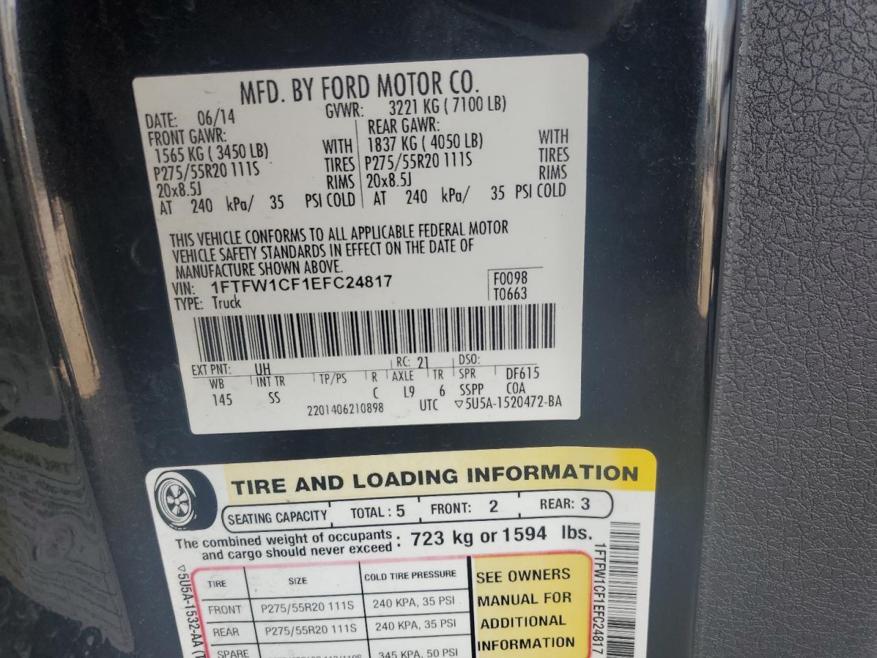 2014 Ford F-150 VIN 1FTFW1CF1EFC24817 Copart auction photo, front end / minor dent/scratches damage thumbnail 12