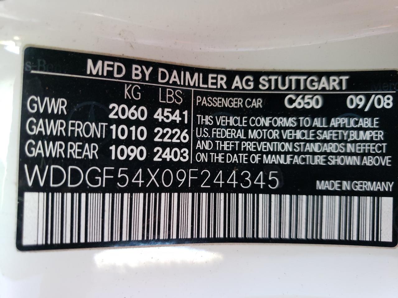 2009 Mercedes-Benz C-klasse VIN WDDGF54X09F244345 Copart auction photo, front end / minor dent/scratches damage thumbnail 14