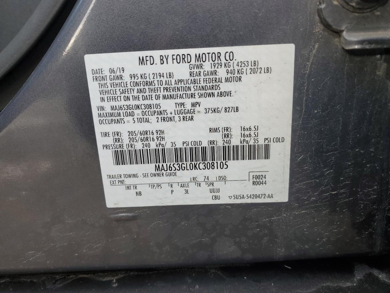 2019 Ford EcoSport VIN MAJ6S3GL0KC308105 Copart auction photo, front end damage thumbnail 13
