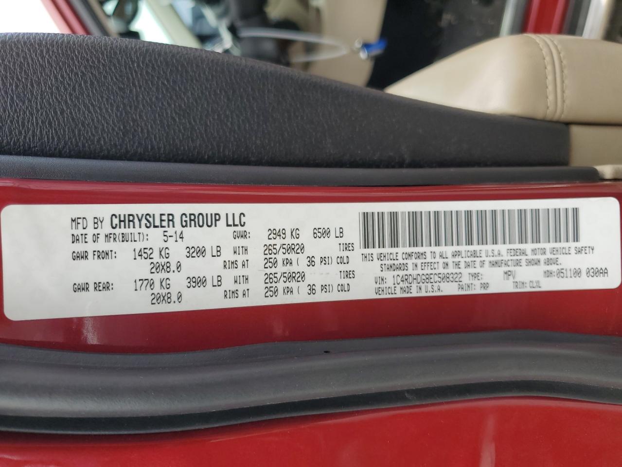 2014 Dodge Durango VIN 1C4RDHDG8EC508322 Copart auction photo, front end damage thumbnail 13