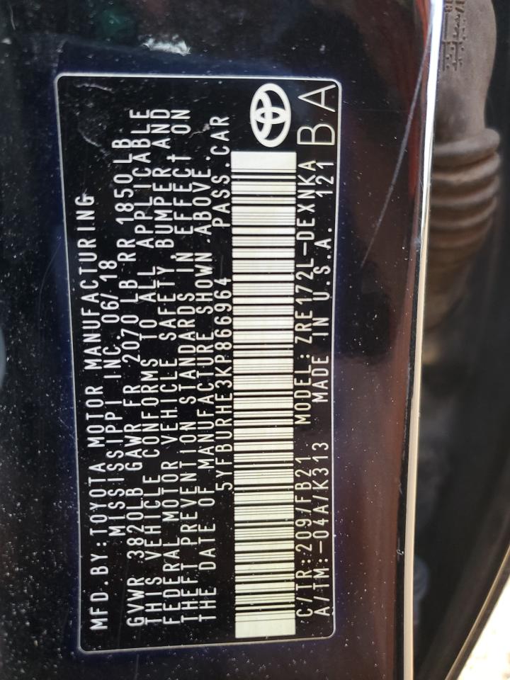 2019 Toyota Corolla VIN 5YFBURHE3KP866964 Copart auction photo, front end damage thumbnail 12