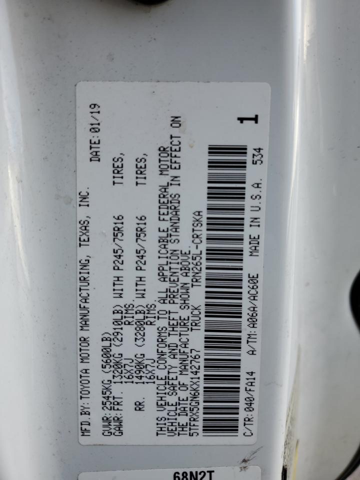 2019 Toyota Tacoma VIN 5TFRX5GN6KX142767 Copart auction photo, all over damage thumbnail 12