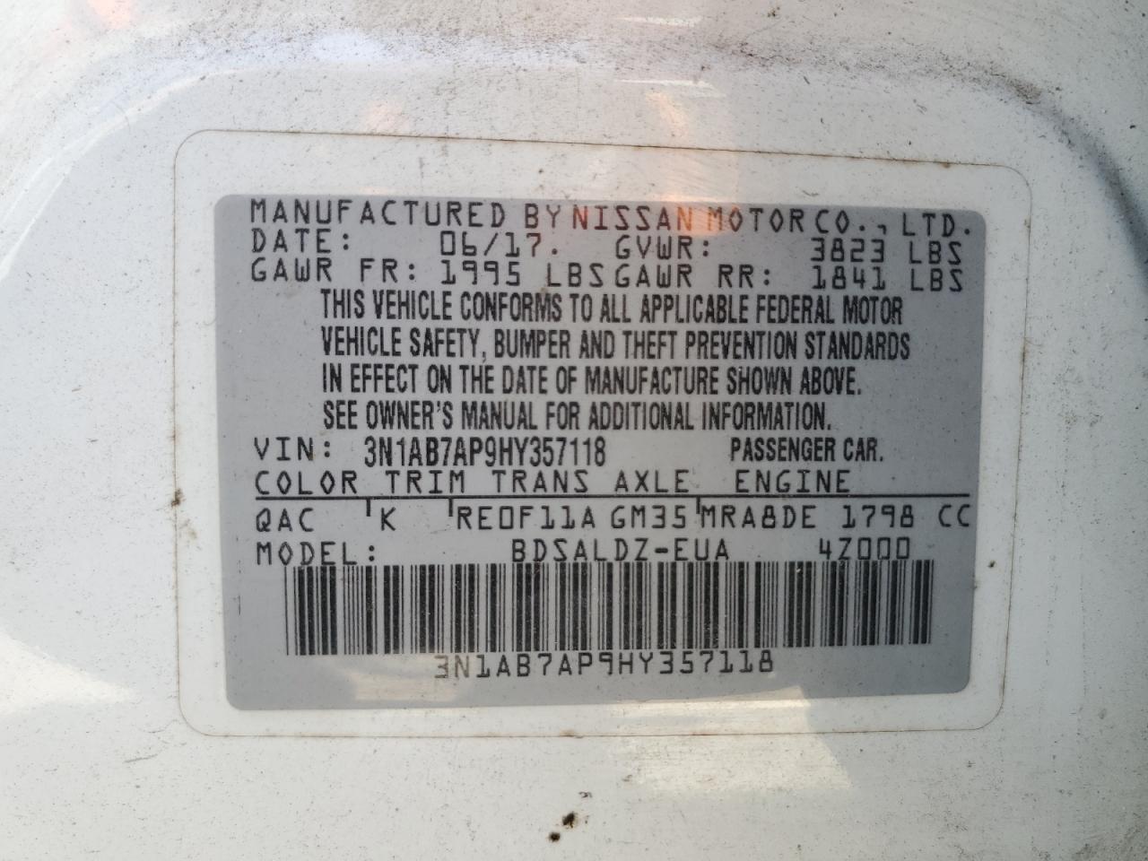 2017 Nissan Sentra VIN 3N1AB7AP9HY357118 Copart auction photo, rear end / minor dent/scratches damage thumbnail 12