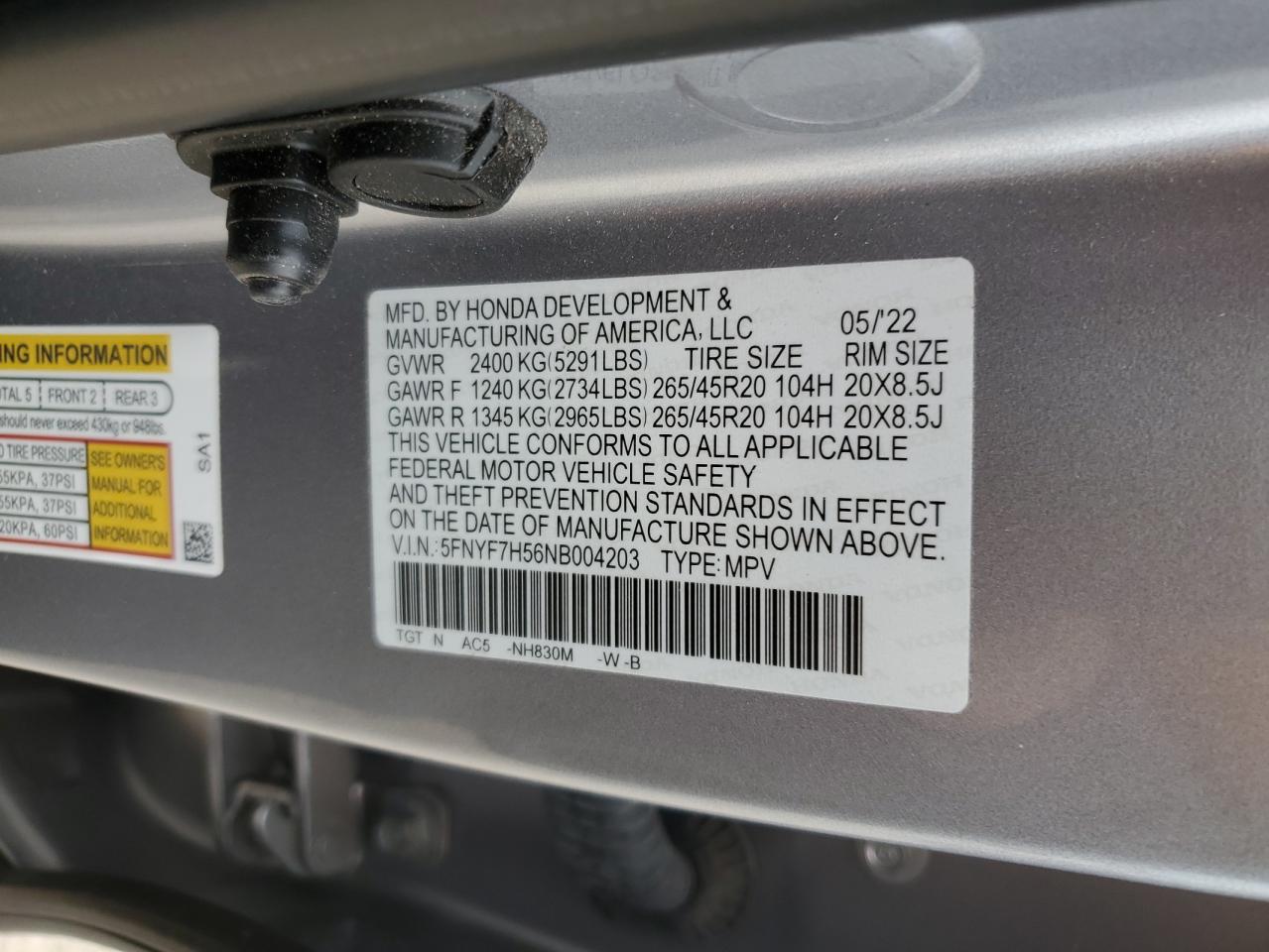 2022 Honda Passport VIN 5FNYF7H56NB004203 Copart auction photo, side / undercarriage damage thumbnail 15