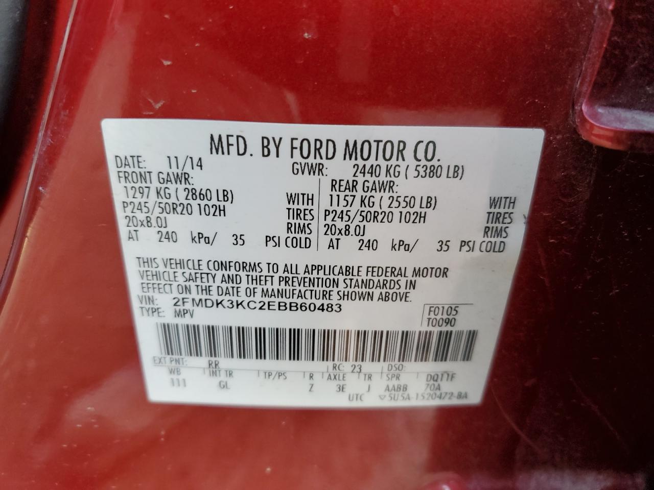 2014 Ford Edge VIN 2FMDK3KC2EBB60483 Copart auction photo, minor dent/scratches damage thumbnail 15