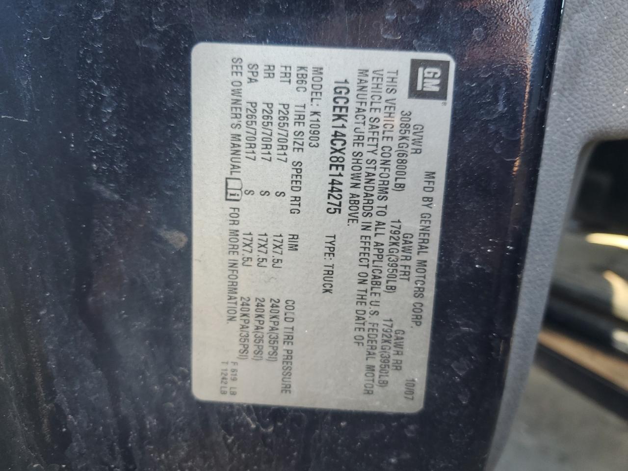 2008 Chevrolet Silverado VIN 1GCEK14CX8E144275 Copart auction photo, front end / side damage thumbnail 12