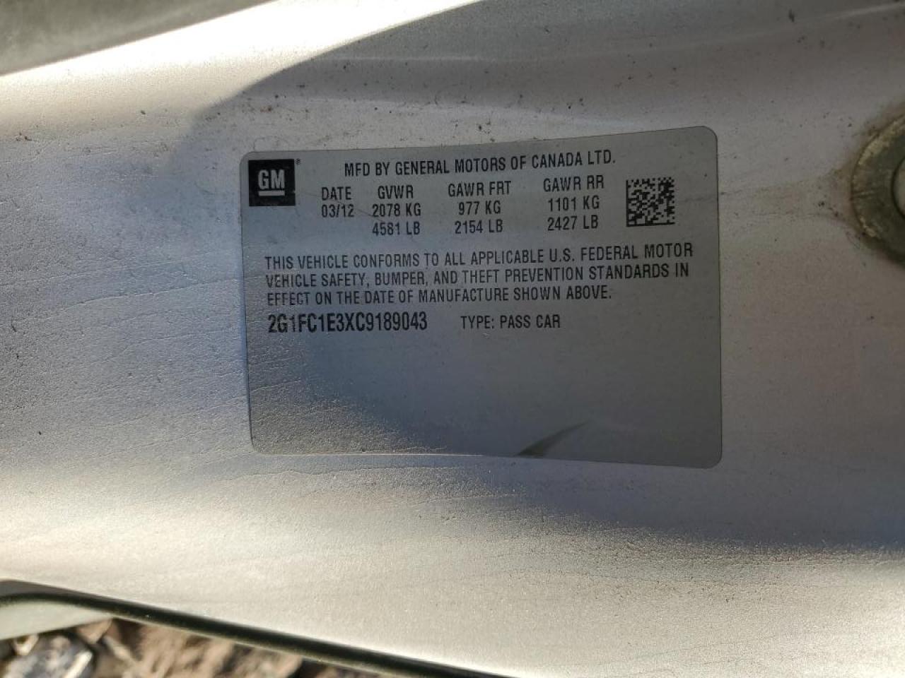 2012 Chevrolet Camaro VIN 2G1FC1E3XC9189043 Copart auction photo, front end damage thumbnail 12
