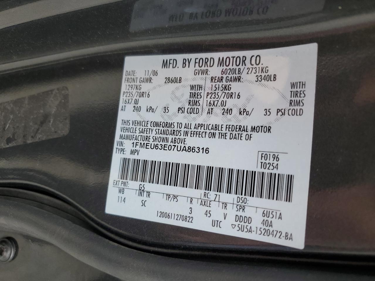 2007 Ford Explorer VIN 1FMEU63E07UA86316 Copart auction photo, front end / minor dent/scratches damage thumbnail 16