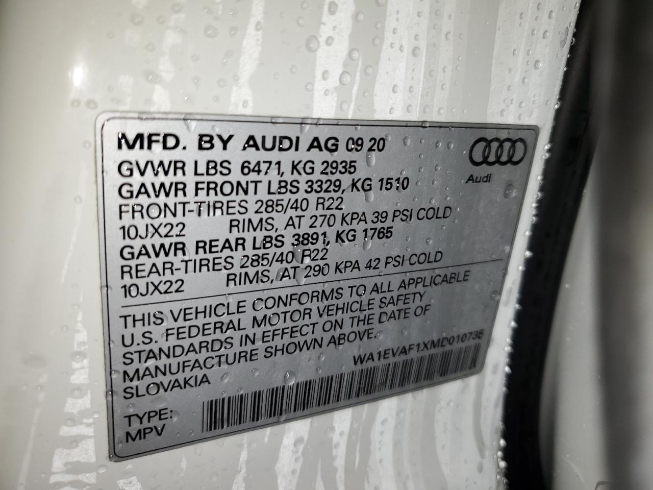 2021 Audi Q8 VIN WA1EVAF1XMD010735 Copart auction photo, front end damage thumbnail 13
