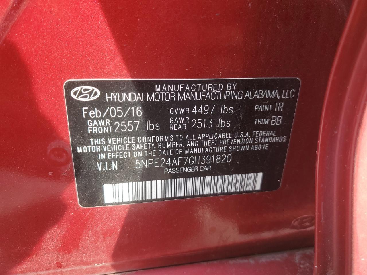 2016 Hyundai Sonata VIN 5NPE24AF7GH391820 Copart auction photo, front end damage thumbnail 13