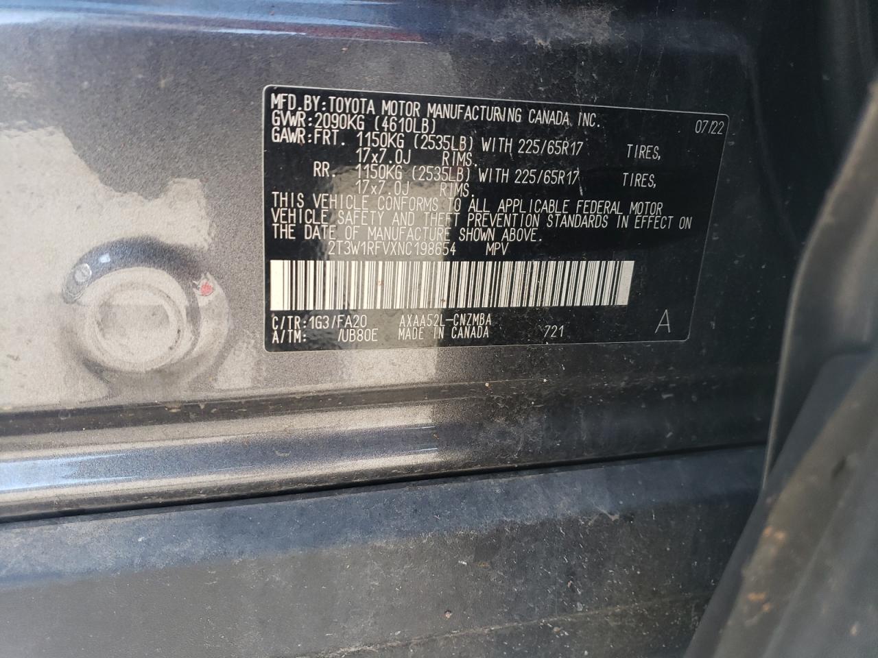 2022 Toyota RAV 4 VIN 2T3W1RFVXNC198654 Copart auction photo, front end damage thumbnail 15