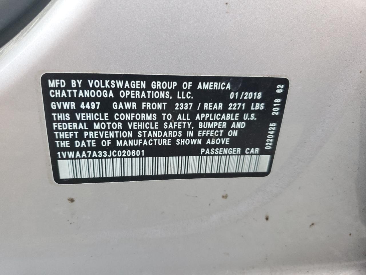 2018 Volkswagen Passat VIN 1VWAA7A33JC020601 Copart auction photo, top/roof damage thumbnail 12