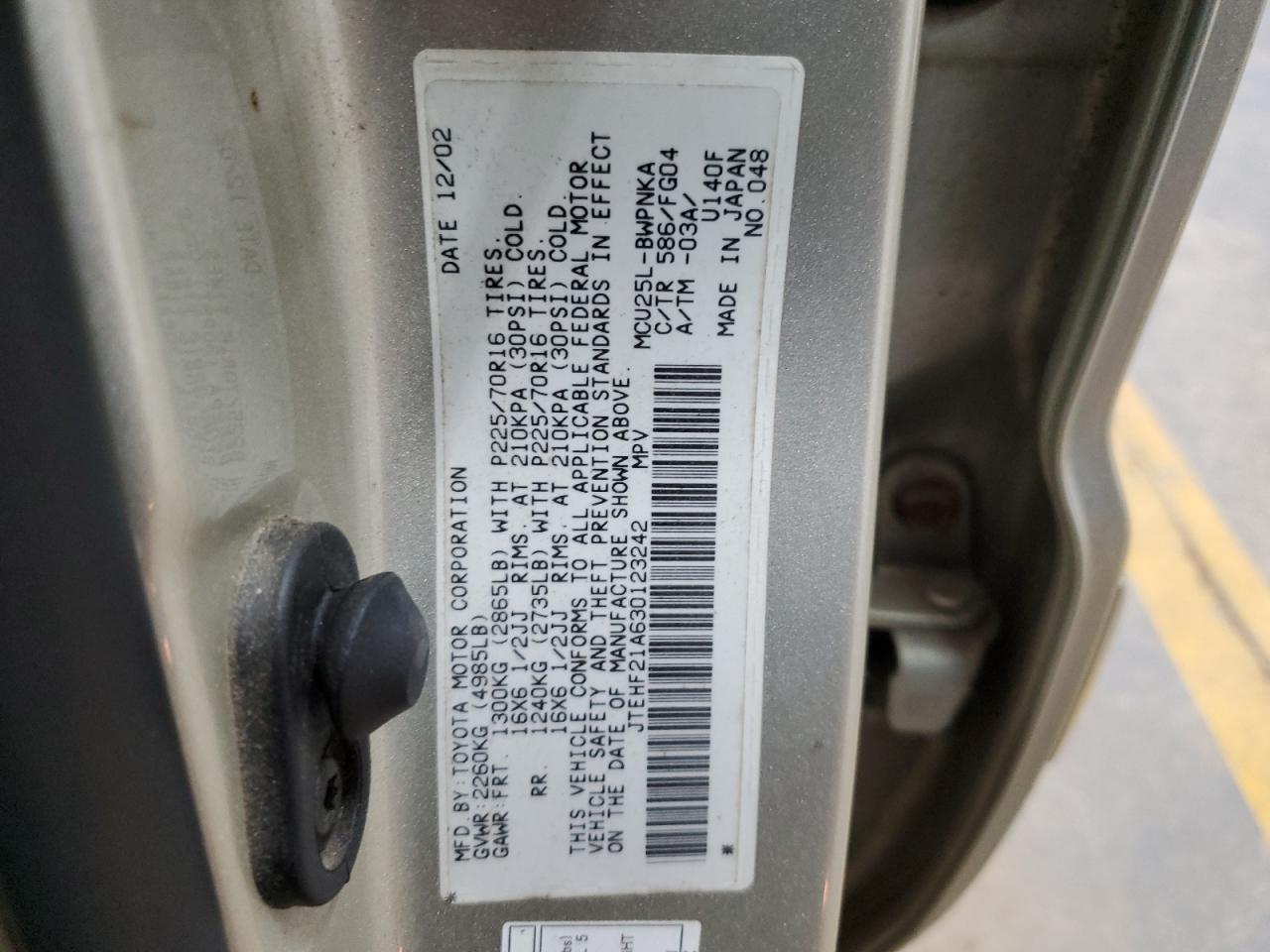 2003 Toyota Highlander VIN JTEHF21A630123242 Copart auction photo, rear end damage thumbnail 14