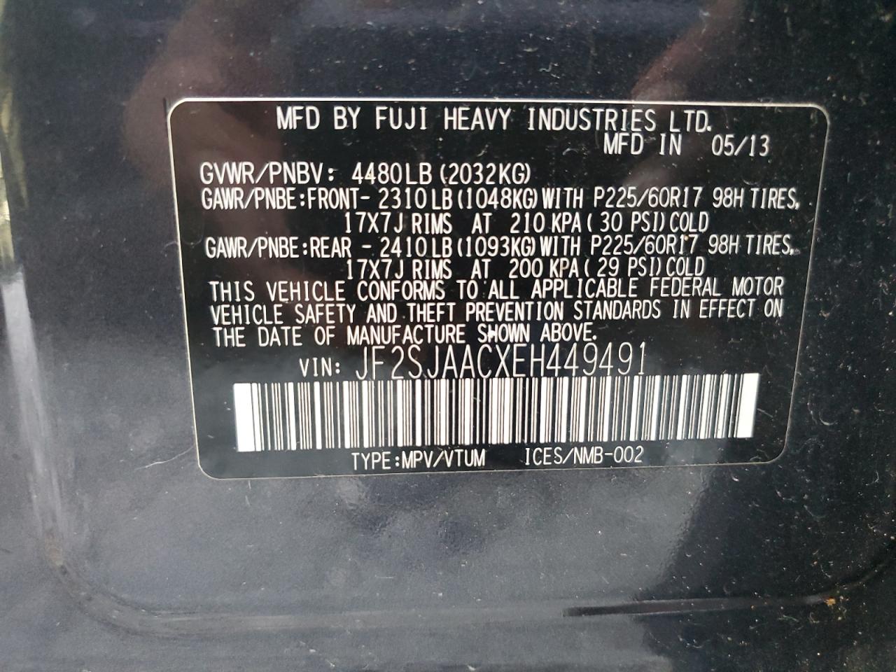 2014 Subaru Forester VIN JF2SJAACXEH449491 Copart auction photo, rear end damage thumbnail 13