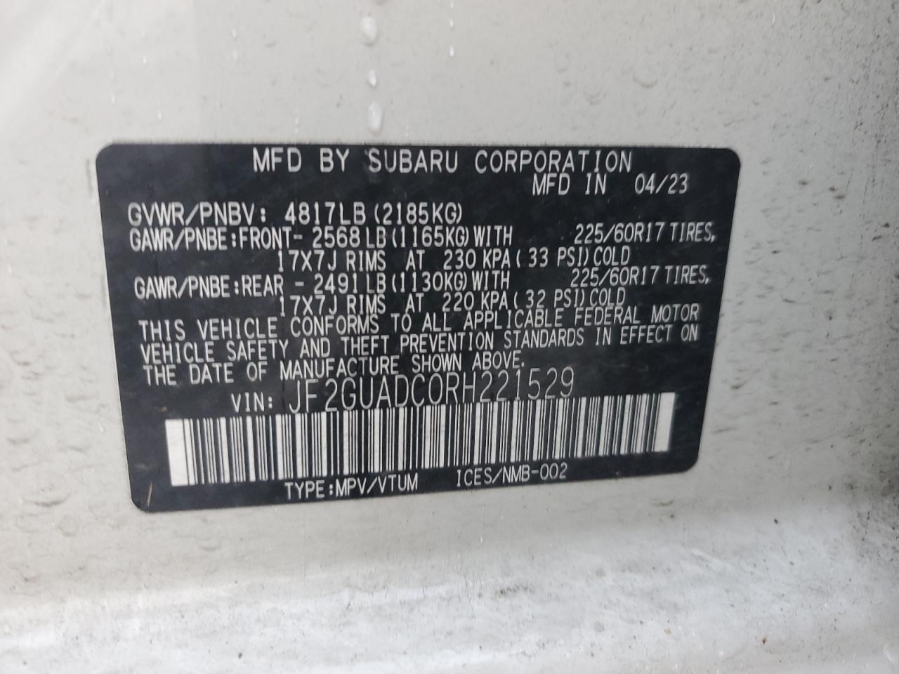 2024 Subaru XV VIN JF2GUADC0RH221529 Copart auction photo, front end / side damage thumbnail 14