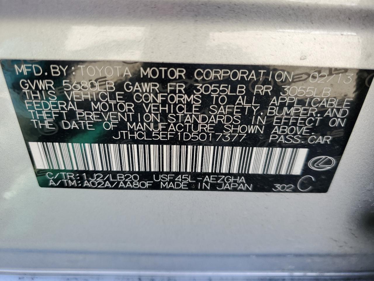 2013 Lexus LS VIN JTHCL5EF1D5017377 Copart auction photo, front end / rear end damage thumbnail 13