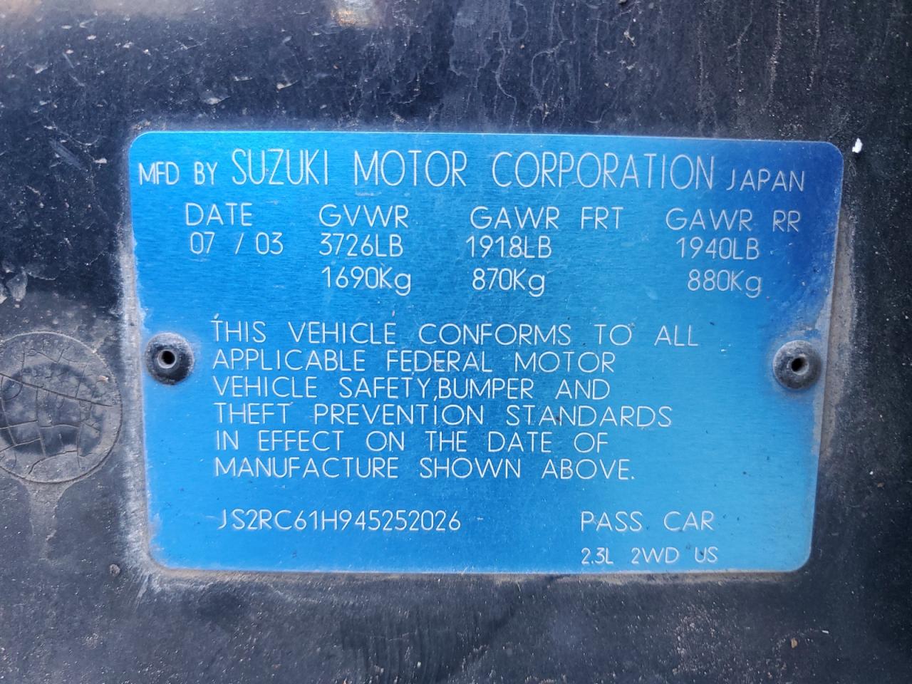 2004 Suzuki Aerio VIN JS2RC61H945252026 Copart auction photo, top/roof damage thumbnail 12
