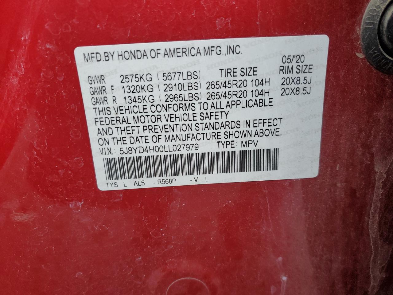 2020 Acura MDX VIN 5J8YD4H00LL027979 Copart auction photo, front end / side damage thumbnail 13