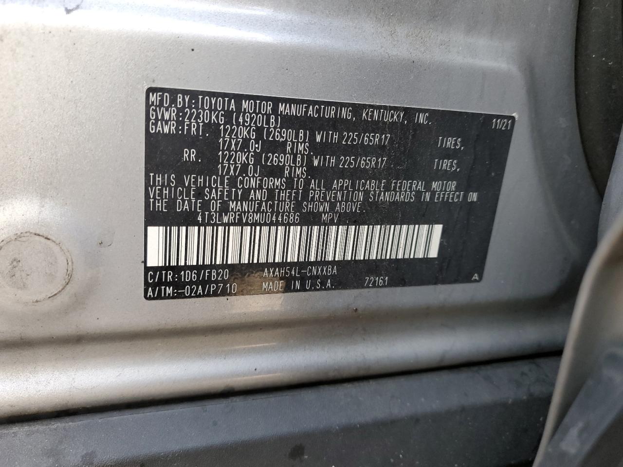 2021 Toyota RAV 4 VIN 4T3LWRFV8MU044686 Copart auction photo, front end damage thumbnail 15