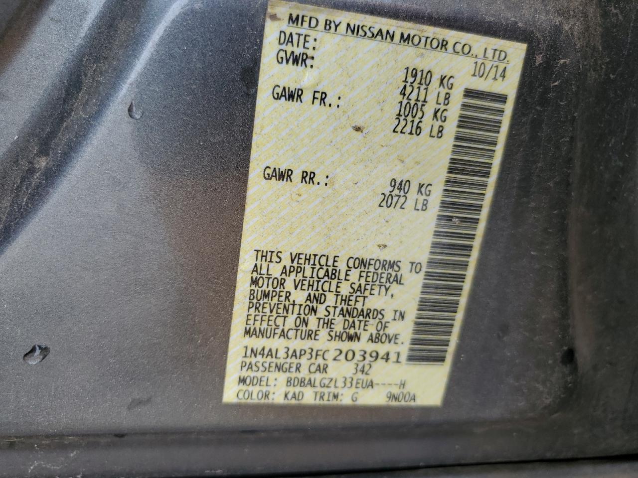 2015 Nissan Altima VIN 1N4AL3AP3FC203941 Copart auction photo, side damage thumbnail 12